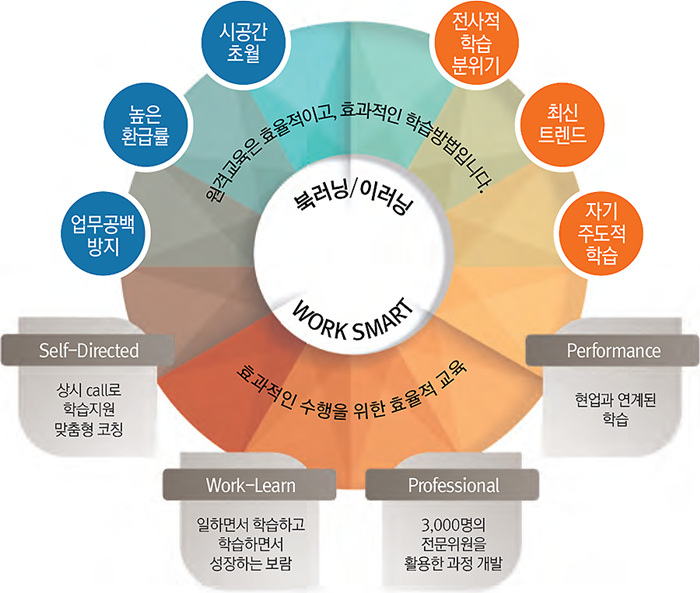 원격교육은 효율적이고, 효과적인 학습방법입니다. 북러닝/이러닝, WORK SMART, 효과적인 수행을 위한 효율적 교육 : 업무공백 방지, 높은 환급률, 시공간 초월, 전사적 학습 분위기, 최신트렌드, 자기주도적 학습, Self-Directed:상시 call로 학습지원 맞춤형 코칭, Work-Learn:일하면서 학습하고 학습하면서 성장하는 보람, Professional:3,000명의 전문위원을 활용한 과정 개발, Performance:현업과 연계된 학습