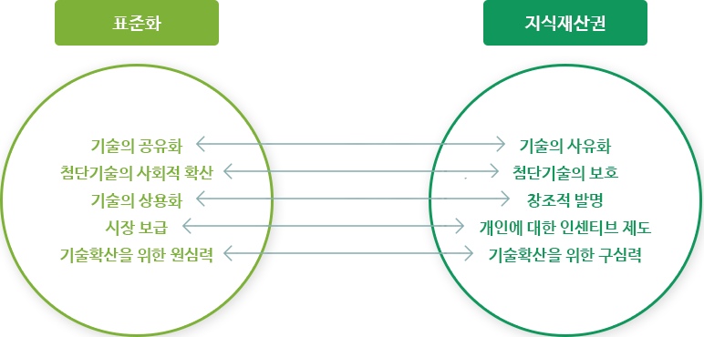 표준화의 기술의 공휴화와 지식재산권의 기술의 사유가 관계되어 있고,표준화의 첨단기술의 사회적 환산과 지식재산권의 첨단기술의 보호가 관계되어 있고, 표준화의 기술의 상용화와 지식재산권의 창조적 발명이 관계되어 있고, 표준화의 시장 보급과 지식재산권의 개인에 대한 인센티브 제도가 관계되어 있고, 표준화의 기술확산을 위한 원심력과 지식재산권의 기술혁신을 위한 구심력이 관계되어 있다.